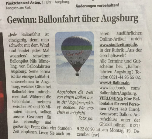 Ballonfahrten Augsburg in der Stadtzeitung Augsburg