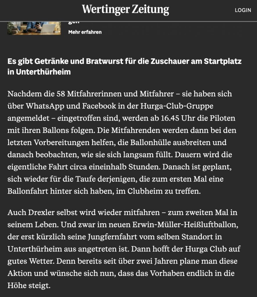 Wertinger Zeiotung berichtet über Ballonstart, u.a. mit dem Erwin Müller Ballon